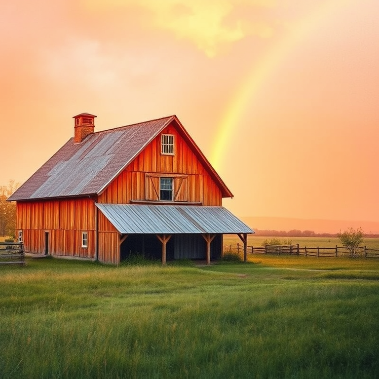 watercolor painting, a rustic farmhouse at golden hour, during golden hour, with rainbow in background, golden warm palette, wide angle view, studio quality lighting, sharp focus, romantic and dreamy