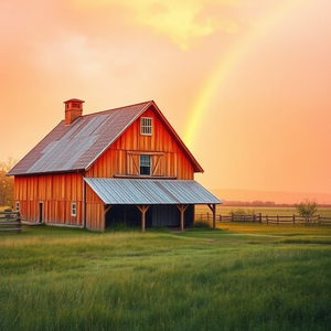 watercolor painting, a rustic farmhouse at golden hour, during golden hour, with rainbow in background, golden warm palette, wide angle view, studio quality lighting, sharp focus, romantic and dreamy