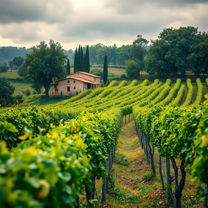hyper-realistic render, an Italian vineyard in Tuscany, during a storm, with rain reflections, pastel soft colors, telephoto compression, dappled light through trees, 8K UHD, romantic and dreamy