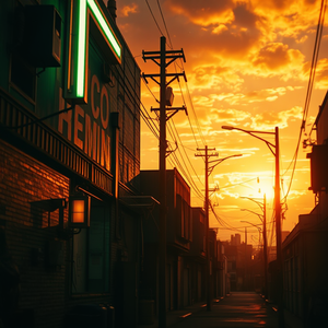 digital art, a neon-lit cyberpunk alleyway, during golden hour, with dramatic cloud formations, muted earth tones, telephoto compression, rim lighting, RAW photo, melancholic and contemplative