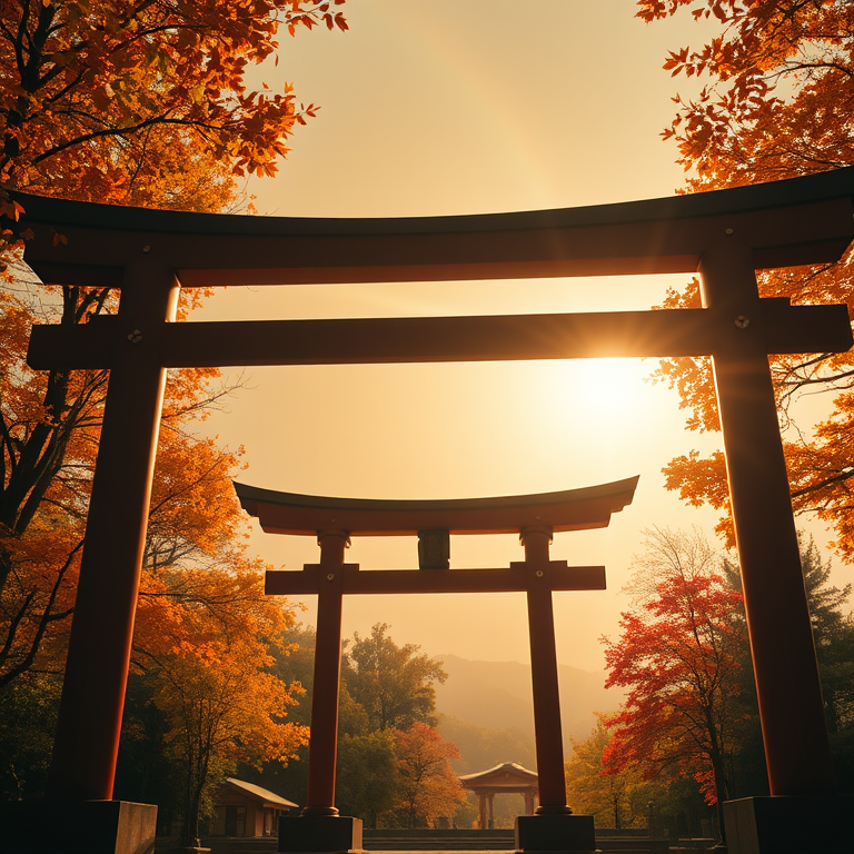 cinematic shot, a Japanese torii gate in autumn, at midday, with rainbow in background, warm tones, aerial drone perspective, dramatic side lighting, highly detailed, whimsical and playful