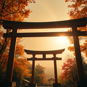 cinematic shot, a Japanese torii gate in autumn, at midday, with rainbow in background, warm tones, aerial drone perspective, dramatic side lighting, highly detailed, whimsical and playful