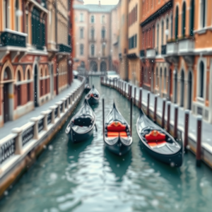 3D render, a Venetian canal with gondolas, at midday, with snow falling, muted earth tones, tilt-shift miniature effect, natural light, sharp focus, whimsical and playful
