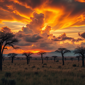 oil painting, an African savanna with acacia trees, at sunrise, with dramatic cloud formations, vibrant saturated colors, close-up detail shot, moody atmospheric lighting, RAW photo, awe-inspiring and grand