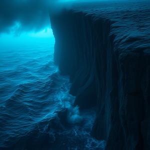 cinematic shot, a deep ocean trench scene, at blue hour, with gentle breeze, warm tones, telephoto compression, moody atmospheric lighting, 8K UHD, awe-inspiring and grand
