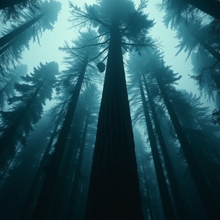 cinematic shot, a towering redwood forest, during twilight, with misty atmosphere, cool blue tones, low angle dramatic perspective, studio quality lighting, sharp focus, melancholic and contemplative