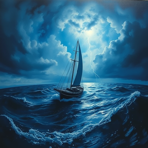 oil painting, a sailing ship on stormy seas, at blue hour, with lightning in distance, cool blue tones, fish-eye lens, backlit with sun flare, award-winning composition, melancholic and contemplative