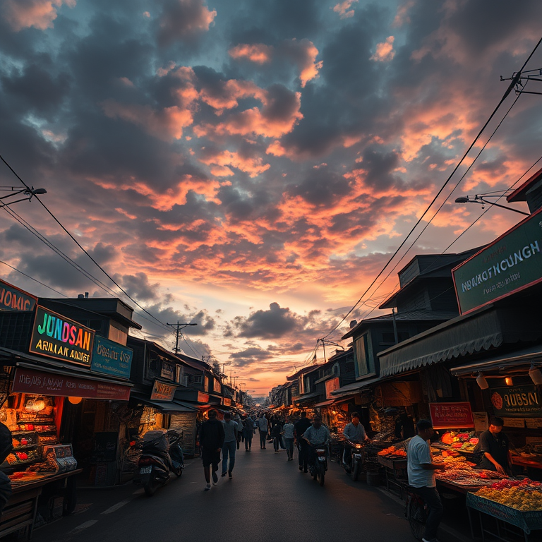 3D render, a bustling street market in Asia, during twilight, with dramatic cloud formations, high contrast, wide angle view, soft diffused lighting, professional photography, dramatic and powerful