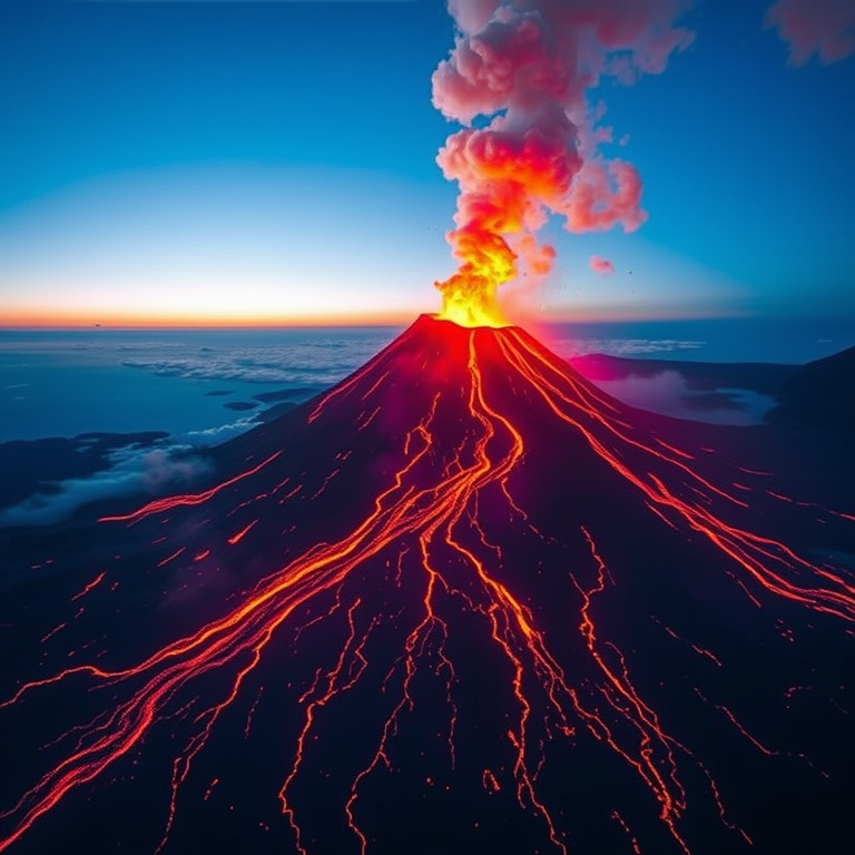 digital art, a volcanic eruption with lava, at dawn, with clear blue sky, vibrant saturated colors, aerial drone perspective, neon glow, highly detailed, awe-inspiring and grand