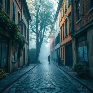 abstract art, an old European cobblestone street, at midday, with misty atmosphere, teal and orange, panoramic view, dappled light through trees, professional photography, mysterious and ethereal