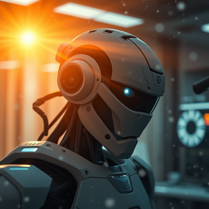 cinematic shot, a robot in a futuristic lab, at dawn, with snow falling, high contrast, macro extreme close-up, volumetric light rays, photorealistic, romantic and dreamy