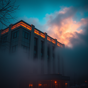 cinematic shot, an art deco building facade, at blue hour, with fog rolling in, warm tones, bird eye view, backlit with sun flare, highly detailed, mysterious and ethereal