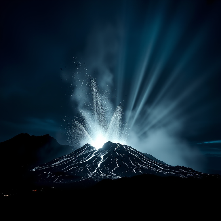 concept art, a volcanic eruption with lava, at blue hour, with rainbow in background, monochrome black and white, low angle dramatic perspective, volumetric light rays, RAW photo, dramatic and powerful