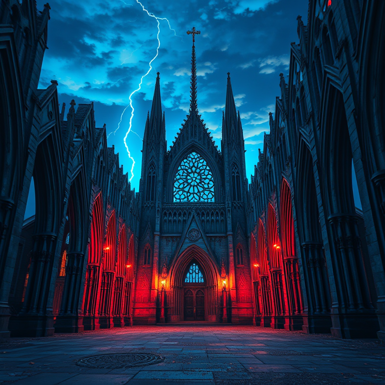 anime style, an abandoned Gothic cathedral, at blue hour, with lightning in distance, warm tones, close-up detail shot, soft diffused lighting, 8K UHD, energetic and vibrant