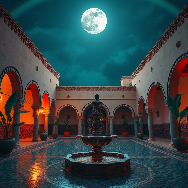 3D render, a Moroccan riad courtyard with fountain, under a full moon, with rainbow in background, teal and orange, macro extreme close-up, soft diffused lighting, professional photography, dark and moody