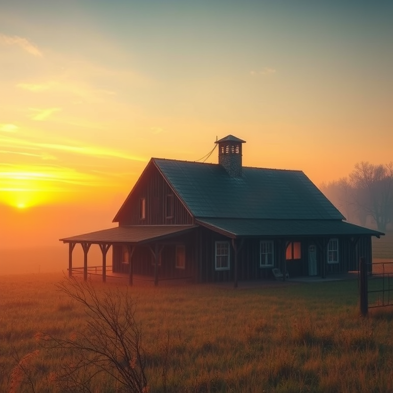 pencil sketch, a rustic farmhouse at golden hour, at sunset, with fog rolling in, vibrant saturated colors, low angle dramatic perspective, natural light, 8K UHD, mysterious and ethereal
