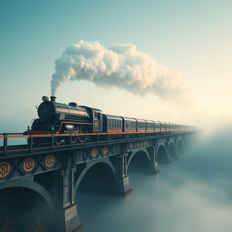 3D render, a vintage steam train on a bridge, at midday, with fog rolling in, cool blue tones, telephoto compression, dramatic side lighting, sharp focus, romantic and dreamy