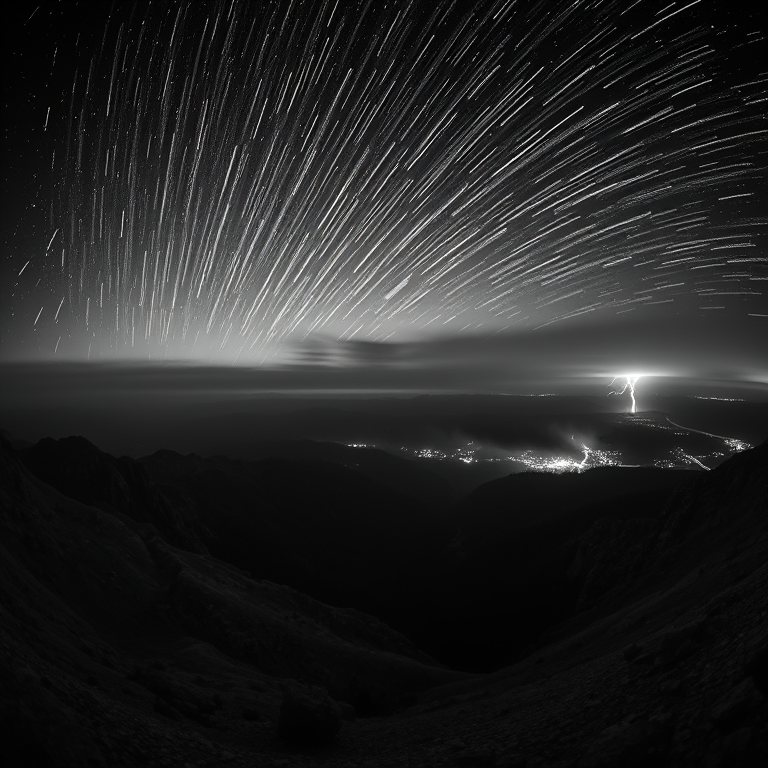 concept art, a meteor shower over mountains, during twilight, with lightning in distance, monochrome black and white, fish-eye lens, moody atmospheric lighting, award-winning composition, energetic and vibrant