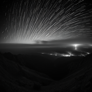 concept art, a meteor shower over mountains, during twilight, with lightning in distance, monochrome black and white, fish-eye lens, moody atmospheric lighting, award-winning composition, energetic and vibrant