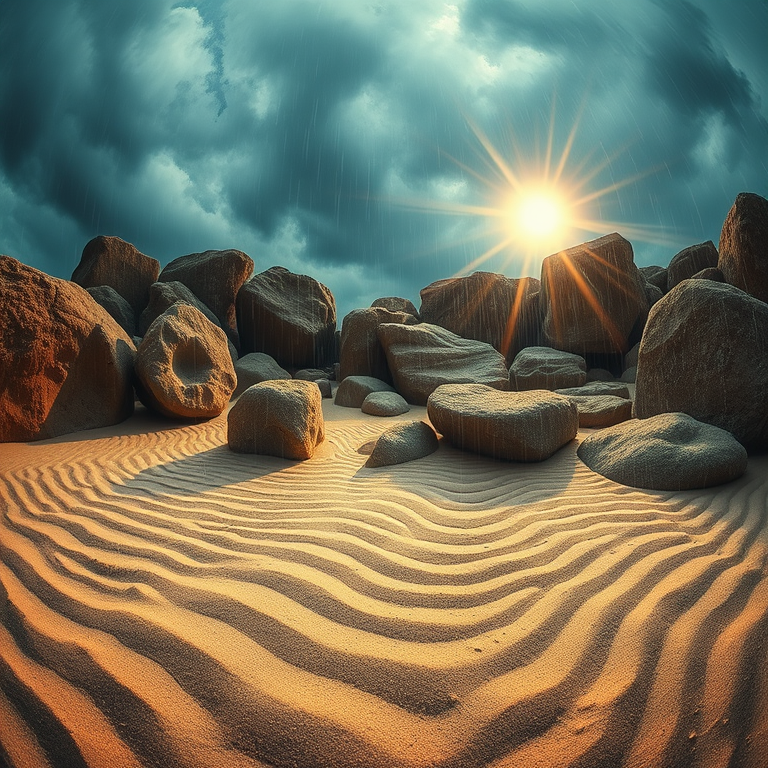 minimalist design, a zen rock garden with raked sand, during a storm, with rain reflections, warm tones, fish-eye lens, backlit with sun flare, ultra high resolution, mysterious and ethereal