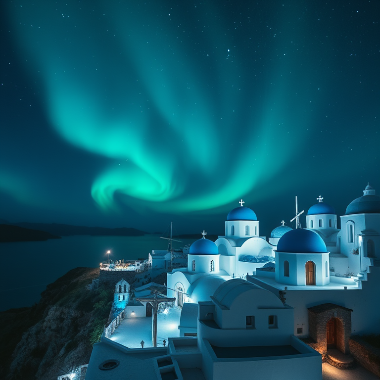 cinematic shot, a Greek island with white buildings and blue domes, at night under stars, with aurora in sky, cool blue tones, aerial drone perspective, neon glow, RAW photo, peaceful and serene