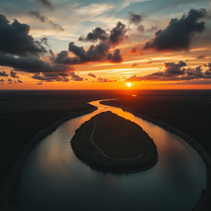 minimalist design, a drone view of a winding river, at sunset, with dramatic cloud formations, high contrast, low angle dramatic perspective, dramatic side lighting, professional photography, cozy and warm