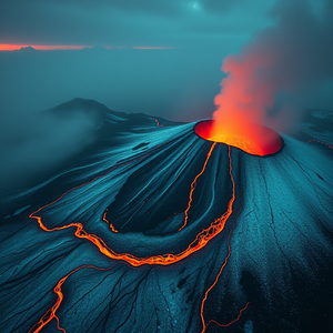 minimalist design, a volcanic eruption with lava, at sunset, with snow falling, teal and orange, bird eye view, studio quality lighting, professional photography, cozy and warm