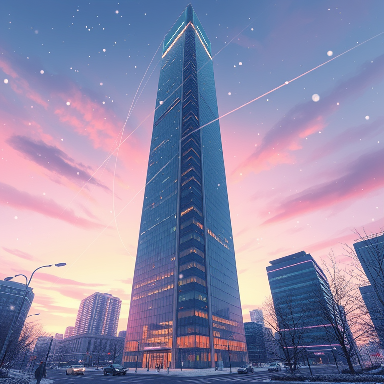 anime style, a modern glass skyscraper, during twilight, with snow falling, pastel soft colors, telephoto compression, soft diffused lighting, masterpiece quality, energetic and vibrant