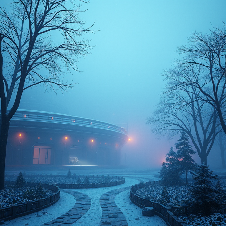 3D render, a futuristic Mars colony, in early morning mist, with snow falling, cool blue tones, low angle dramatic perspective, dappled light through trees, masterpiece quality, romantic and dreamy