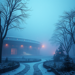 3D render, a futuristic Mars colony, in early morning mist, with snow falling, cool blue tones, low angle dramatic perspective, dappled light through trees, masterpiece quality, romantic and dreamy