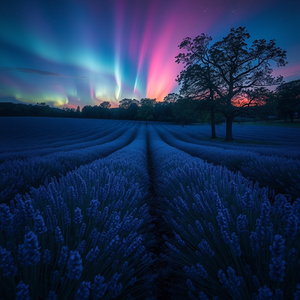 digital art, a lavender field in Provence, at blue hour, with aurora in sky, deep rich jewel tones, telephoto compression, dappled light through trees, RAW photo, melancholic and contemplative