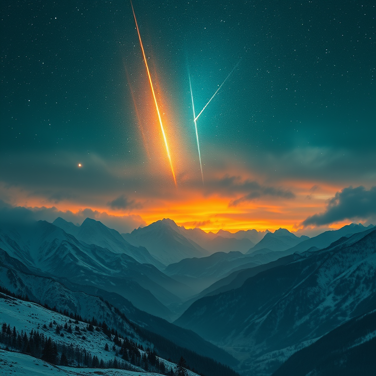 oil painting, a meteor shower over mountains, during a storm, with snow falling, teal and orange, telephoto compression, rim lighting, award-winning composition, mysterious and ethereal