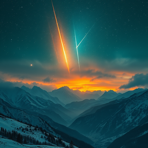 oil painting, a meteor shower over mountains, during a storm, with snow falling, teal and orange, telephoto compression, rim lighting, award-winning composition, mysterious and ethereal