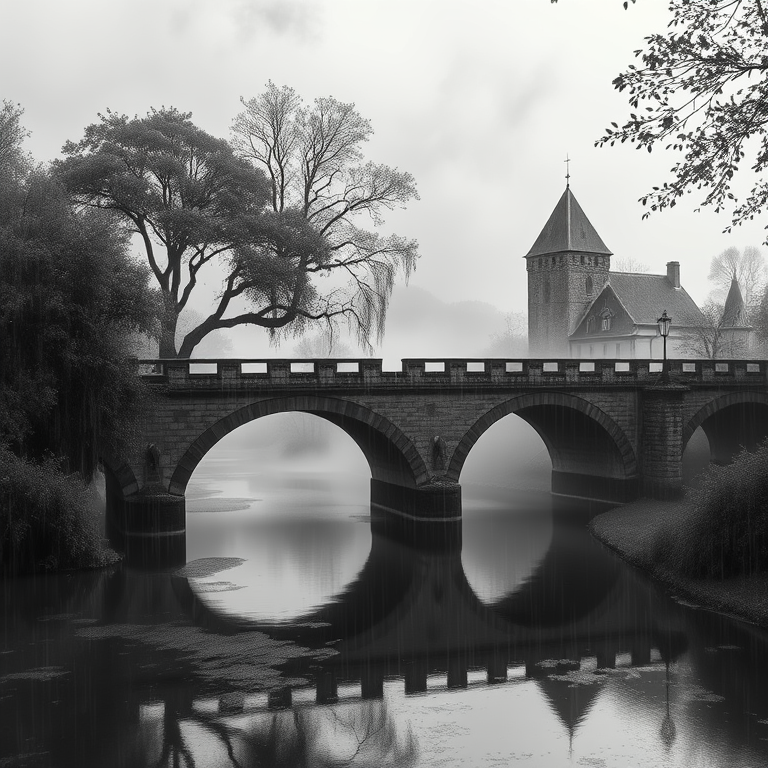 anime style, a medieval stone bridge over a river, in early morning mist, with rain reflections, monochrome black and white, panoramic view, dappled light through trees, sharp focus, dramatic and powerful