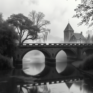 anime style, a medieval stone bridge over a river, in early morning mist, with rain reflections, monochrome black and white, panoramic view, dappled light through trees, sharp focus, dramatic and powerful