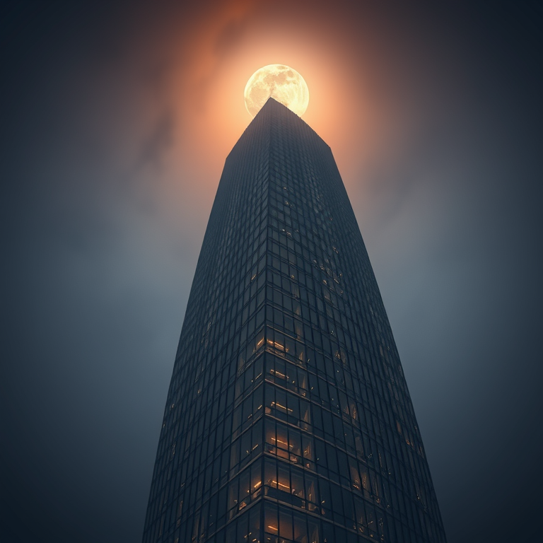 realistic photo, a modern glass skyscraper, under a full moon, with misty atmosphere, warm tones, fish-eye lens, moody atmospheric lighting, RAW photo, dark and moody