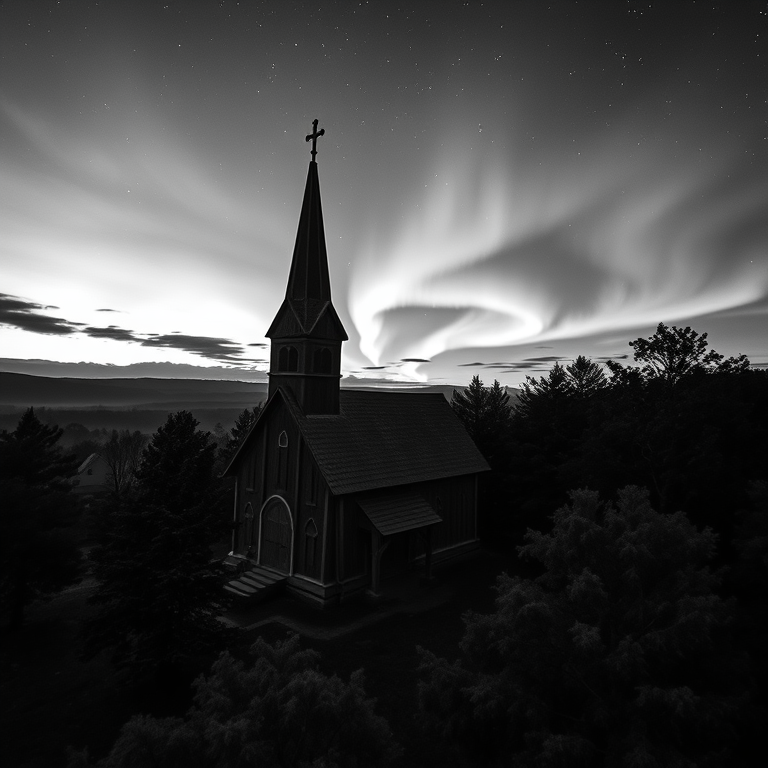 impressionist painting, a Northern European stave church, during twilight, with aurora in sky, monochrome black and white, aerial drone perspective, dappled light through trees, professional photography, romantic and dreamy