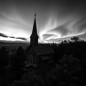 impressionist painting, a Northern European stave church, during twilight, with aurora in sky, monochrome black and white, aerial drone perspective, dappled light through trees, professional photography, romantic and dreamy