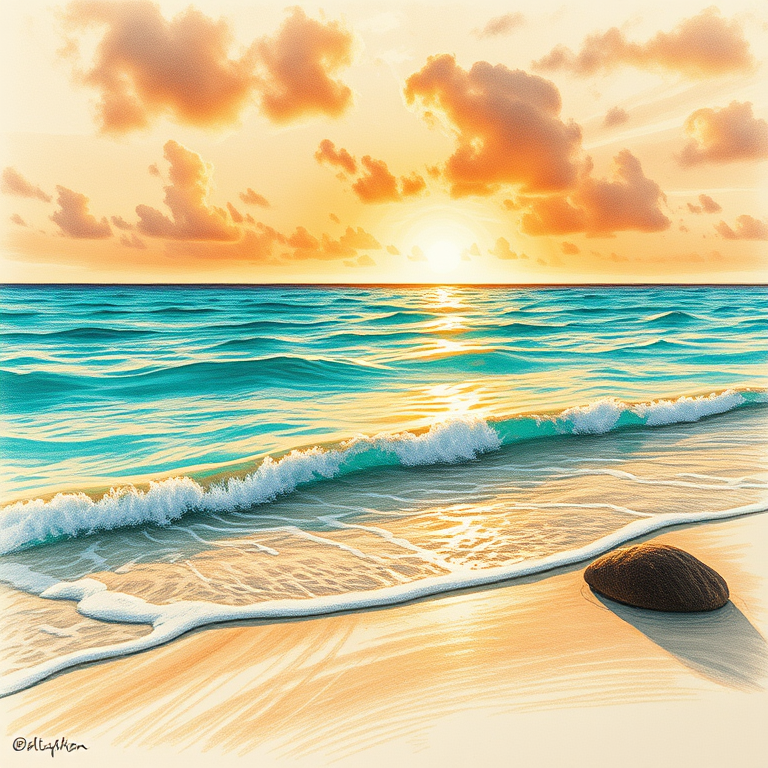 pencil sketch, a tropical beach with turquoise water, at sunset, with rain reflections, warm tones, low angle dramatic perspective, studio quality lighting, highly detailed, awe-inspiring and grand