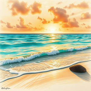 pencil sketch, a tropical beach with turquoise water, at sunset, with rain reflections, warm tones, low angle dramatic perspective, studio quality lighting, highly detailed, awe-inspiring and grand