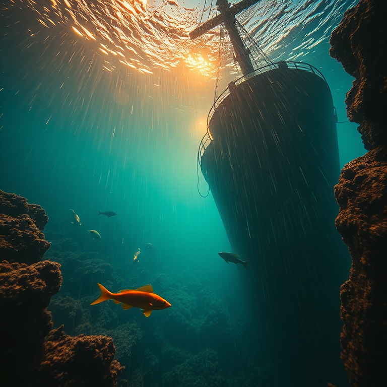 retro vintage photo, an underwater shipwreck with marine life, during golden hour, with rain reflections, deep rich jewel tones, low angle dramatic perspective, volumetric light rays, masterpiece quality, cozy and warm