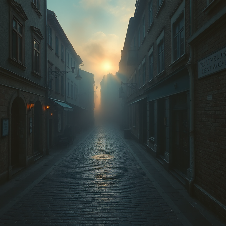 realistic photo, an old European cobblestone street, during golden hour, with fog rolling in, cool blue tones, bird eye view, backlit with sun flare, masterpiece quality, melancholic and contemplative