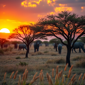 realistic photo, an African savanna with acacia trees, at sunset, with rain reflections, vibrant saturated colors, close-up detail shot, soft diffused lighting, 8K UHD, peaceful and serene