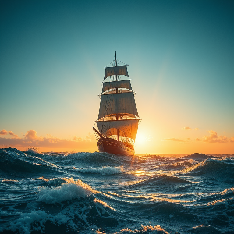 abstract art, a sailing ship on stormy seas, during golden hour, with clear blue sky, muted earth tones, low angle dramatic perspective, volumetric light rays, photorealistic, awe-inspiring and grand