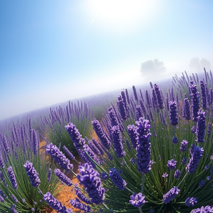 3D render, a lavender field in Provence, in early morning mist, with clear blue sky, high contrast, fish-eye lens, volumetric light rays, photorealistic, whimsical and playful