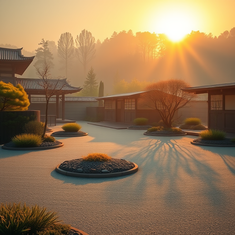 minimalist design, a Japanese zen garden, during golden hour, with misty atmosphere, teal and orange, telephoto compression, backlit with sun flare, professional photography, energetic and vibrant