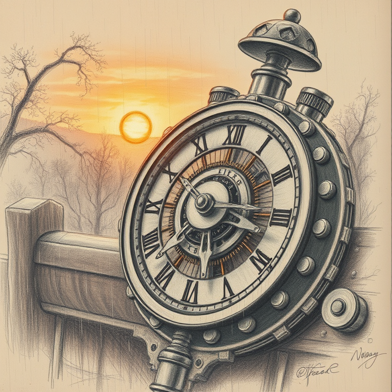 pencil sketch, a steampunk clockwork mechanism, at sunset, with rain reflections, muted earth tones, bird eye view, dappled light through trees, highly detailed, cozy and warm