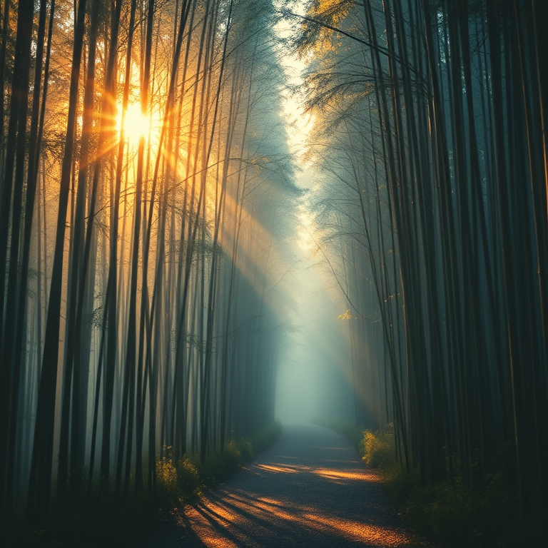 impressionist painting, a bamboo forest path, during golden hour, with misty atmosphere, cool blue tones, wide angle view, backlit with sun flare, sharp focus, dark and moody