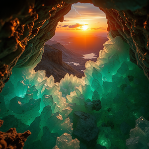 cinematic shot, a crystal cave with glowing minerals, at sunset, with lightning in distance, pastel soft colors, aerial drone perspective, volumetric light rays, professional photography, awe-inspiring and grand