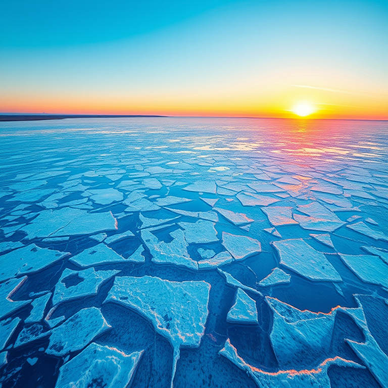 impressionist painting, a frozen lake with ice patterns, at sunset, with clear blue sky, pastel soft colors, bird eye view, neon glow, photorealistic, energetic and vibrant
